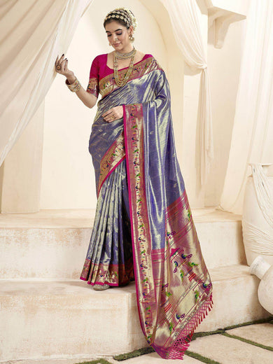 Attractive Purple Zari Weaving Silk Function Wear Paithani Saree